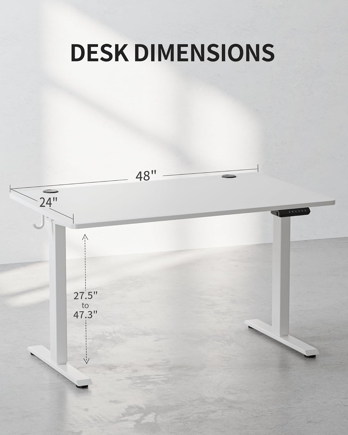 FEZIBO One-Piece Standing Desk Adjustable Height Stand up Home Office Desk, 48x24 Inch Electric Standing Computer Desk, with 4 Memory Presets, Fixable casters, White