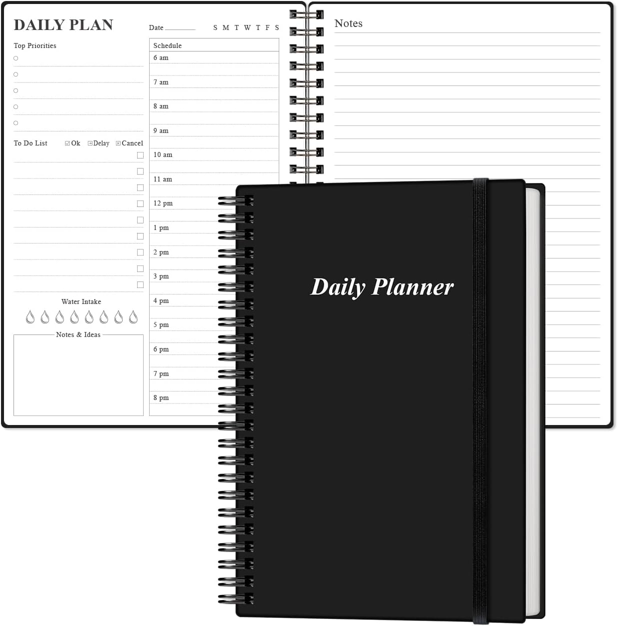 Daily Planner Undated - A5 To Do List Notebook Hourly Schedules, Spiral Appointment Planner for Women and Men, PVC Hardcover, Inner Pocket, Elastic Closure, 5.8" x 8.3", Black