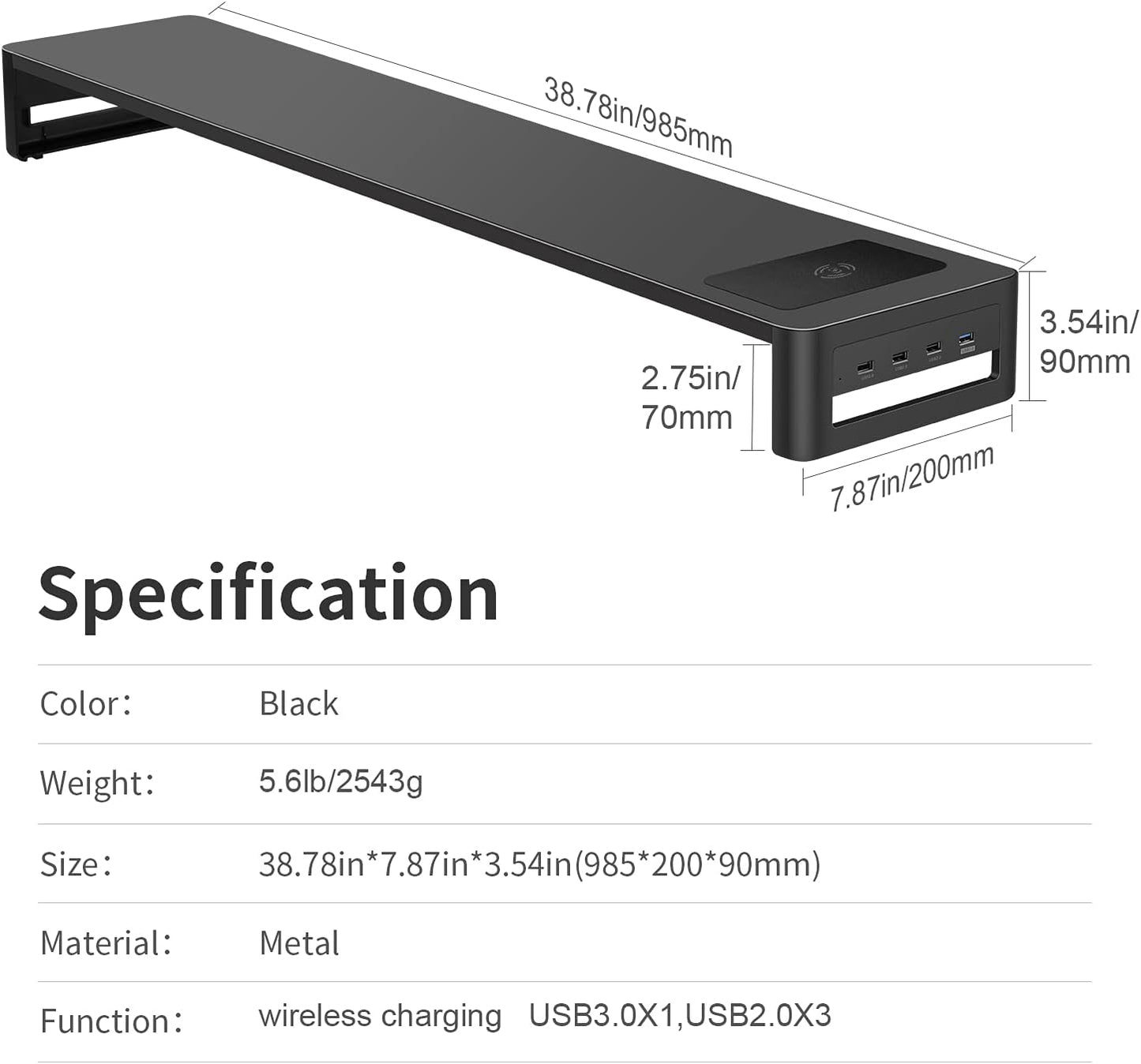 Dual Monitor Stand with Wireless Charging and 4 USB 3.0 Ports, Steel Monitor Stands for 2 Monitors, Metal Computer Stand Riser for Desk, Office, Laptop, PC up to 32 Inches (Black)