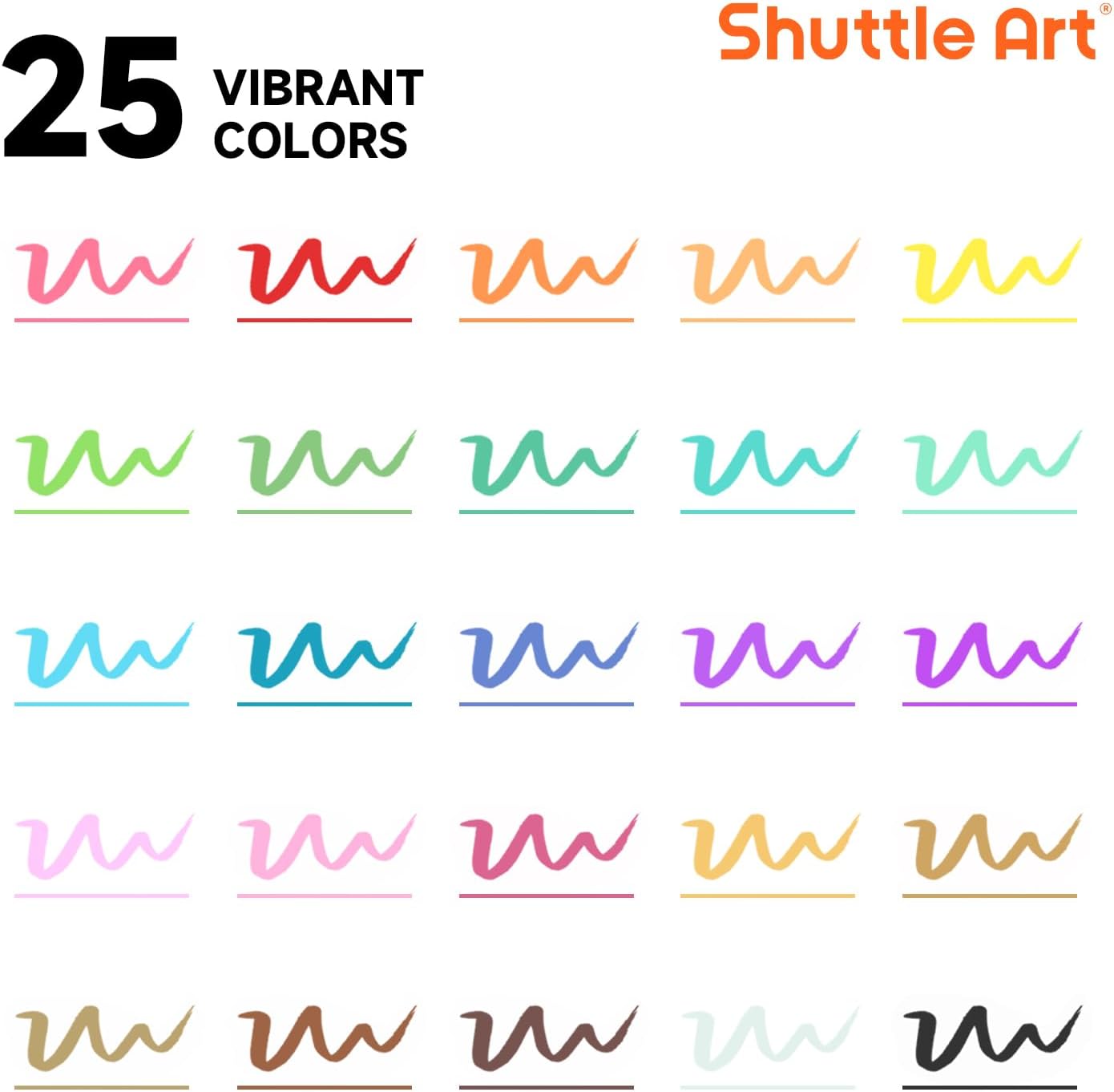 Shuttle Art Dual Tip Brush Marker Pens, 25 Colors Water-based Ink, Fine and Brush Tip Marker Set with 1 Coloring Book for Kids Adult Artist Calligraphy Hand Lettering Journal Doodling Writing