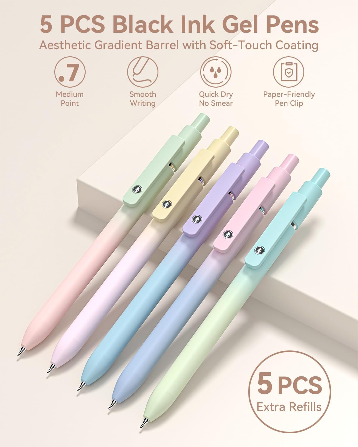 Four Candies 39 PCS Cute School Supplies with Pen Case for Girls - 5 Black Ink Gel Pens, 12 Pastel Highlighters, 6 Aesthetic Mechanical Pencils Set for Stationary College Essentials (Cream)