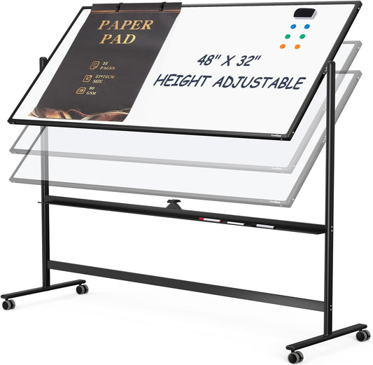 Dry Erase Whiteboard Easel on Wheels - TANKEE 48" x 32" Large Double Sided Mobile Whiteboard, Reversible Magnetic Rolling White Board for Home Office Classroom, Flip Chart Holders and Paper Pad