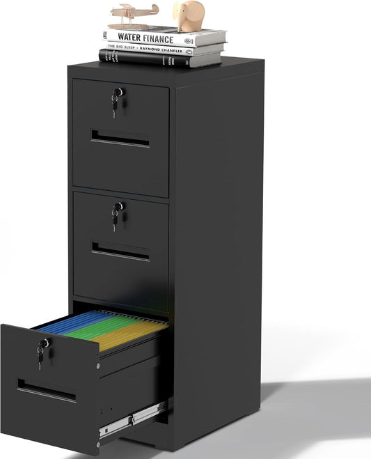 File Cabinet 3 Drawer with Lock, Vertical Filing Cabinets for Home Office, Metal Steel Storage Cabinet for Letter/Legal Size File, Assembly Required(Black)