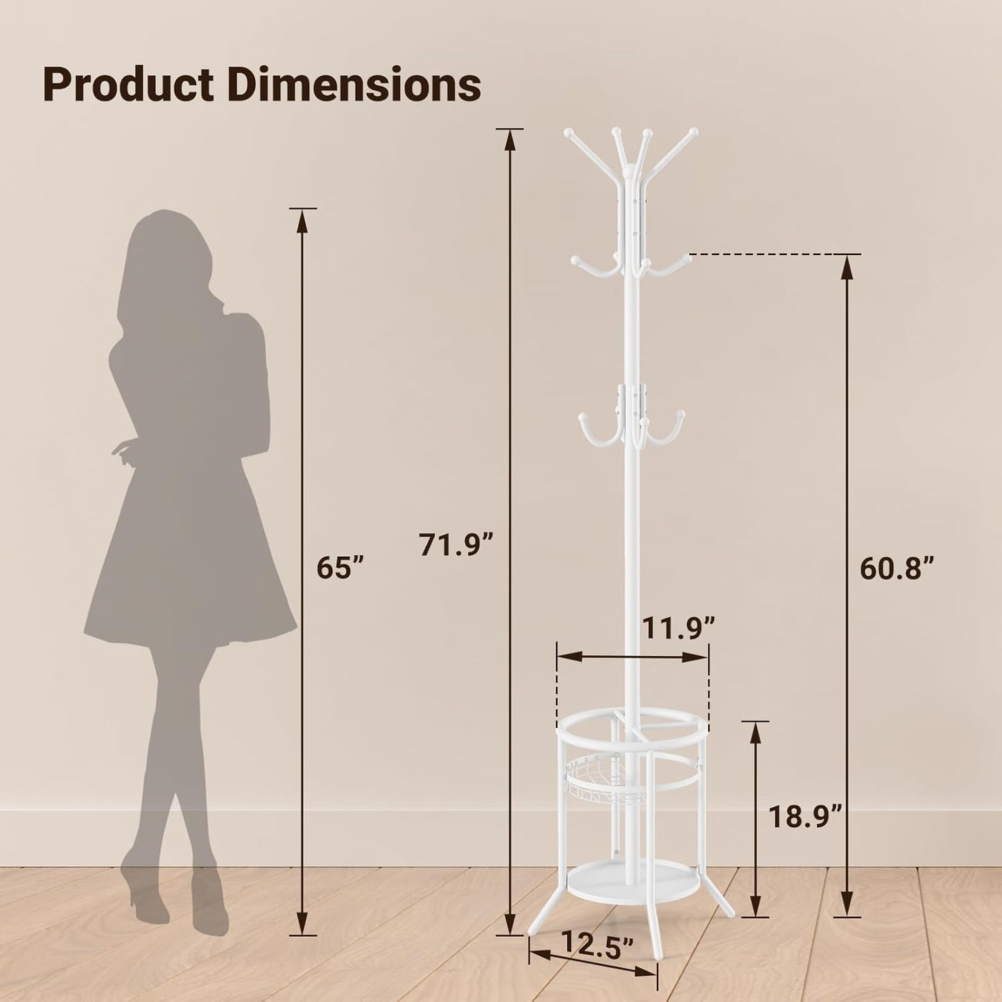ELYKEN Coat Rack Freestanding, Metal Coat Rack Stand with Umbrella Holder, Modern Coat Tree with 12 Hooks, Floor Standing Corner Hall Tree for Entryway Living Room Bedroom Office, White
