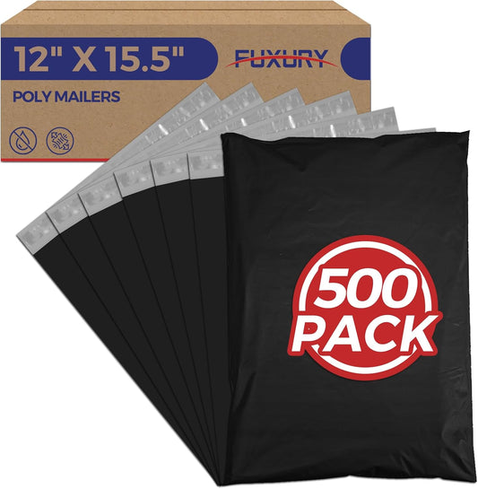 Fuxury 500 Pcs 12x15.5" Poly Mailers,Black Shipping Bags Bulk for Clothing,Strong Adhesive Sealing, Waterproof, Tear-resistant Postal Mailing Poly Bags for Books,Accessories,Business
