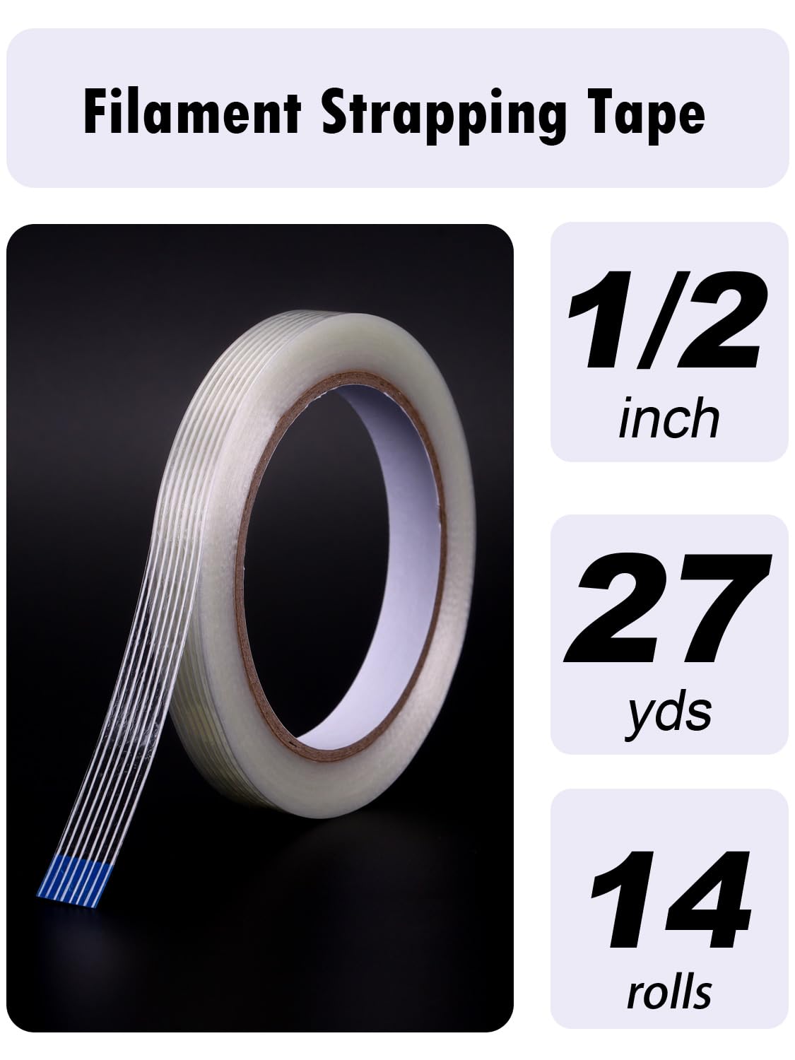 1/2 inch Mono Filament Strapping Tape, Heavy Duty Reinforced Filament Tape, Clear Fiberglass Reinforced Packing, (14 Rolls, 378yds Total)