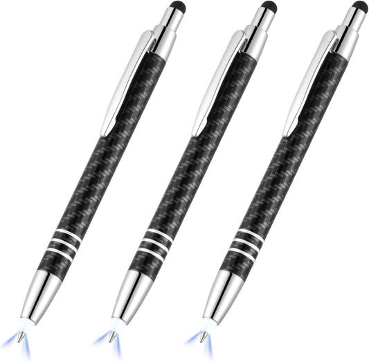 Glovion Lighted Tip Pen with Stylus 3-in-1 LED Penlight Light Up Pen Light Ballpoint Pen with Light for Writing in The Dark - Pack of 3 - White Light - GL006