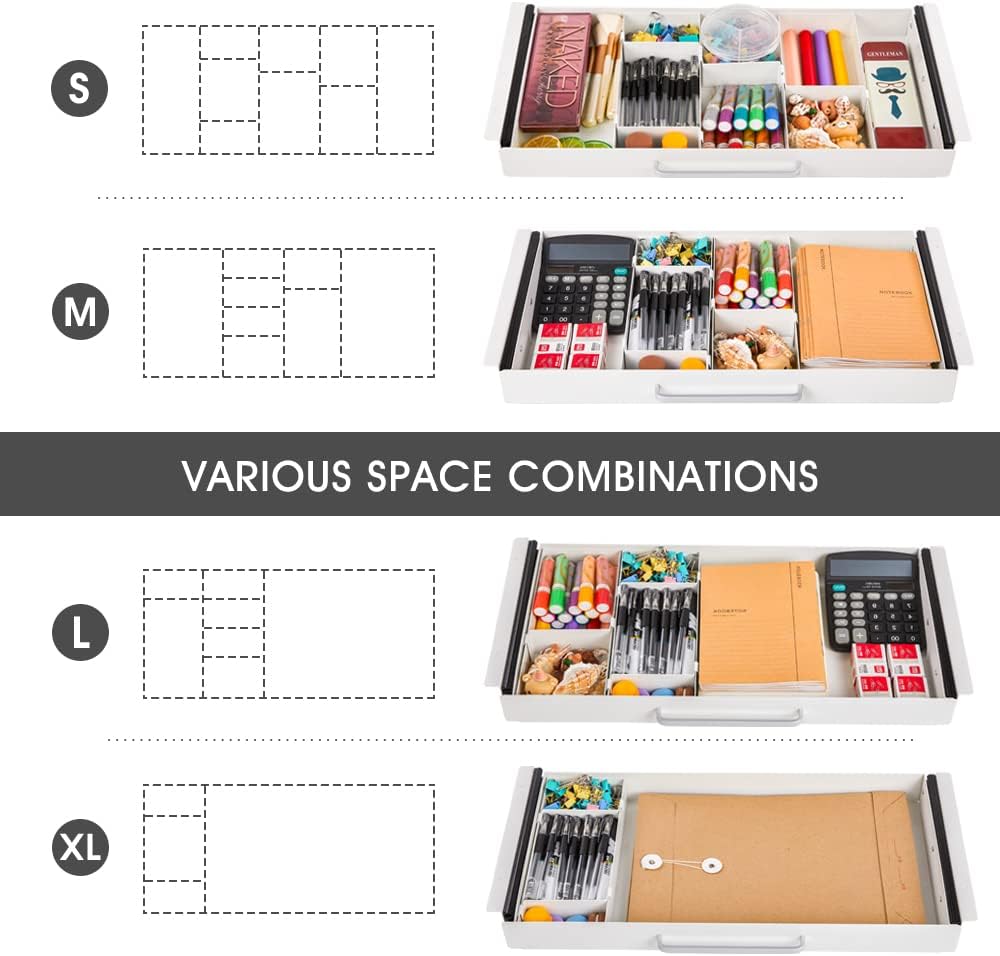 Large Size Under Desk Slide out Pencil Drawer White with Adjustable Space Divider Design for Storing Pencil and Office Accessories, Underdesk Pull out Tray Organizer Mounted for Sit Stand Workstation
