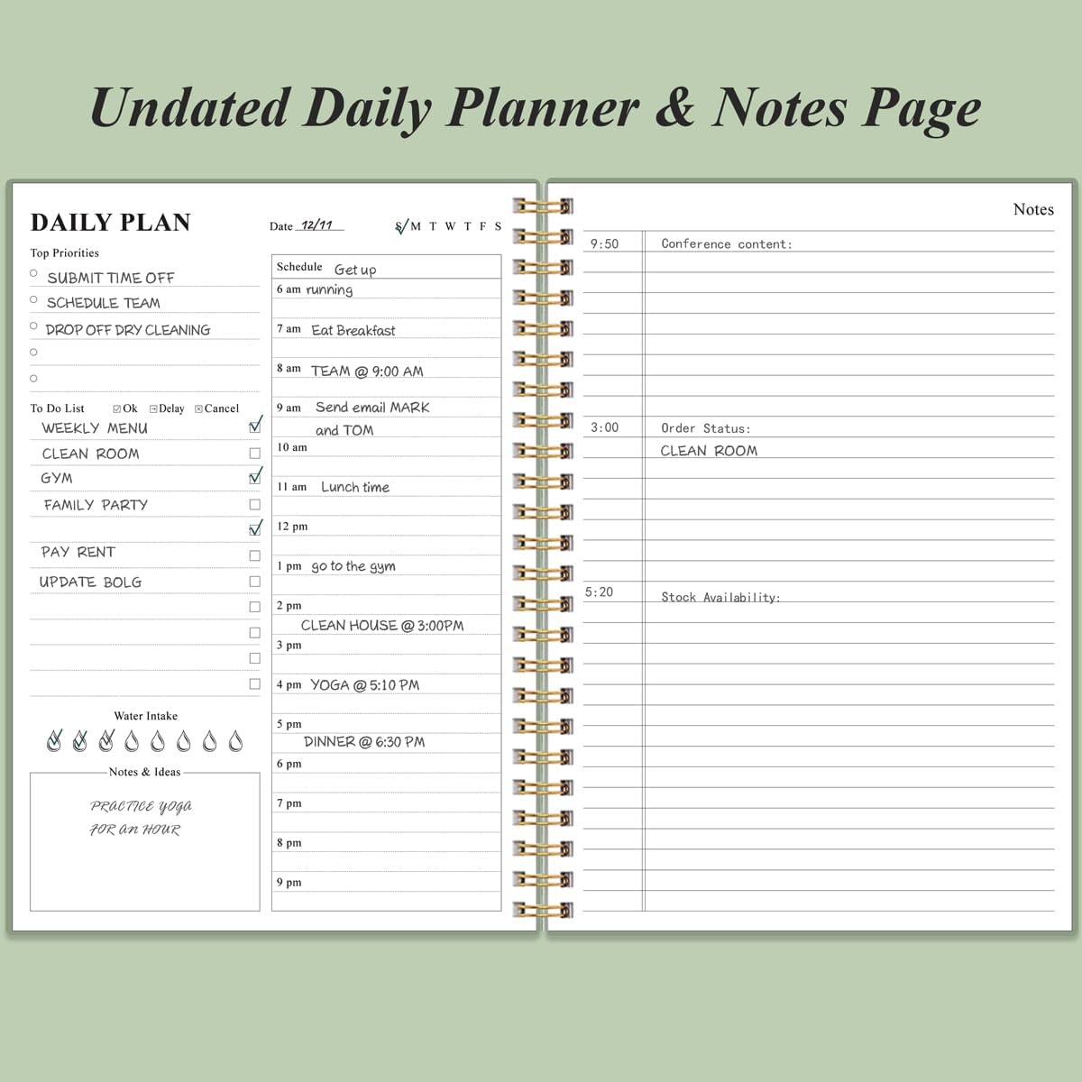 Daily Planner Undated - B5 To Do List Notebook Hourly Schedules, Spiral Appointment Planner for Women and Men, PVC Hardcover, Inner Pocket, Elastic Closure, 7" x 10", Green