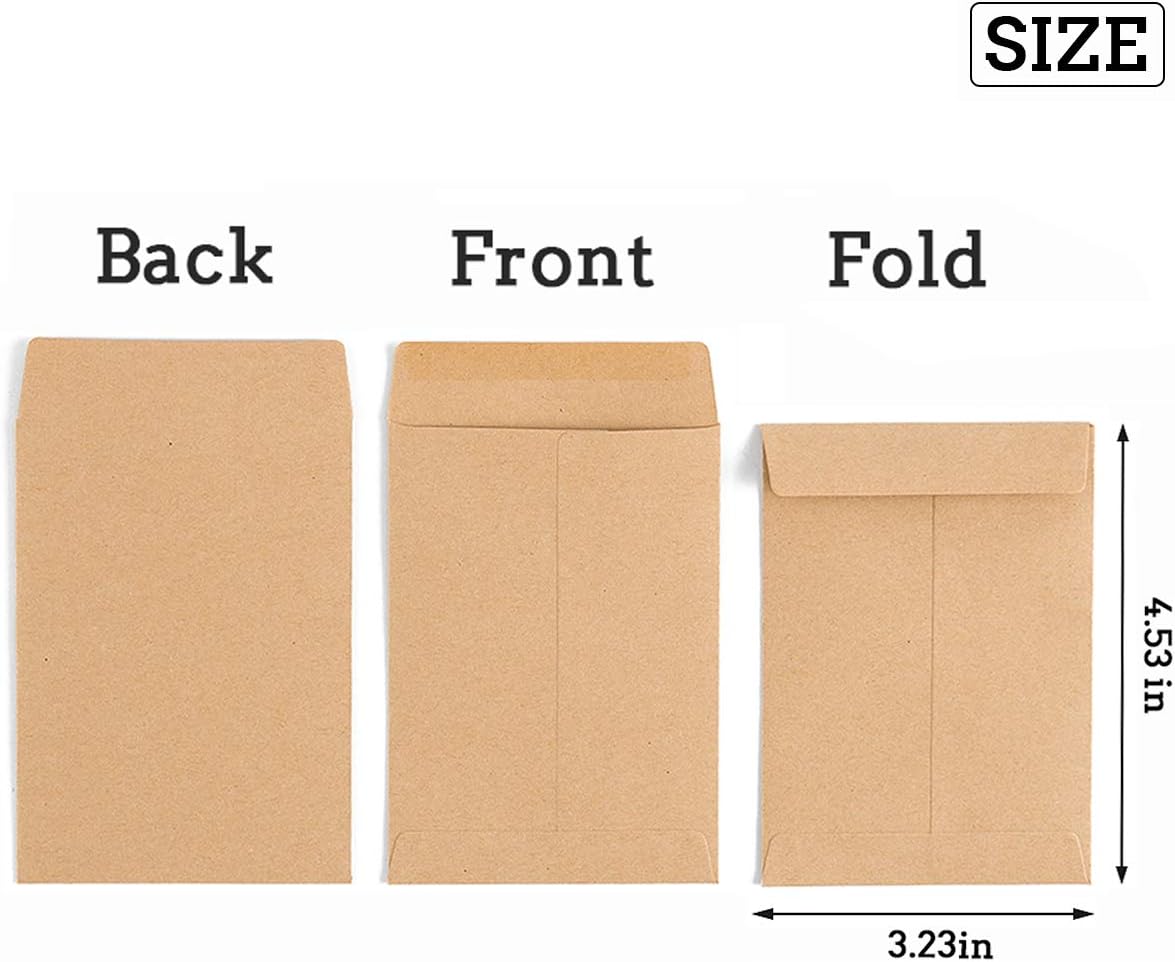 100 Pack Small Coin Envelopes Self-Adhesive Kraft Paper Seed Envelopes Mini Parts Small Items Stamps Storage Packets Envelopes for Garden, Office or Wedding Gift (Brown, 3.23×4.53 inch)