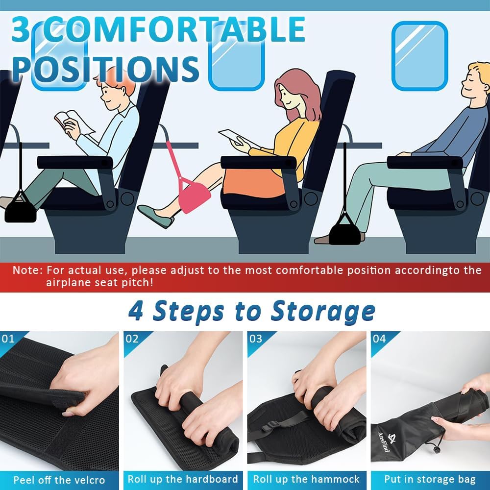 Foot Hammock for Plane Travel, Upgraded Wide Airplane Foot Hammock with Detachable Hardboard, Portable Footrest for Air Travel Essentials Long Flight, Adjustable Foot Rest Leg Hammock for Flying