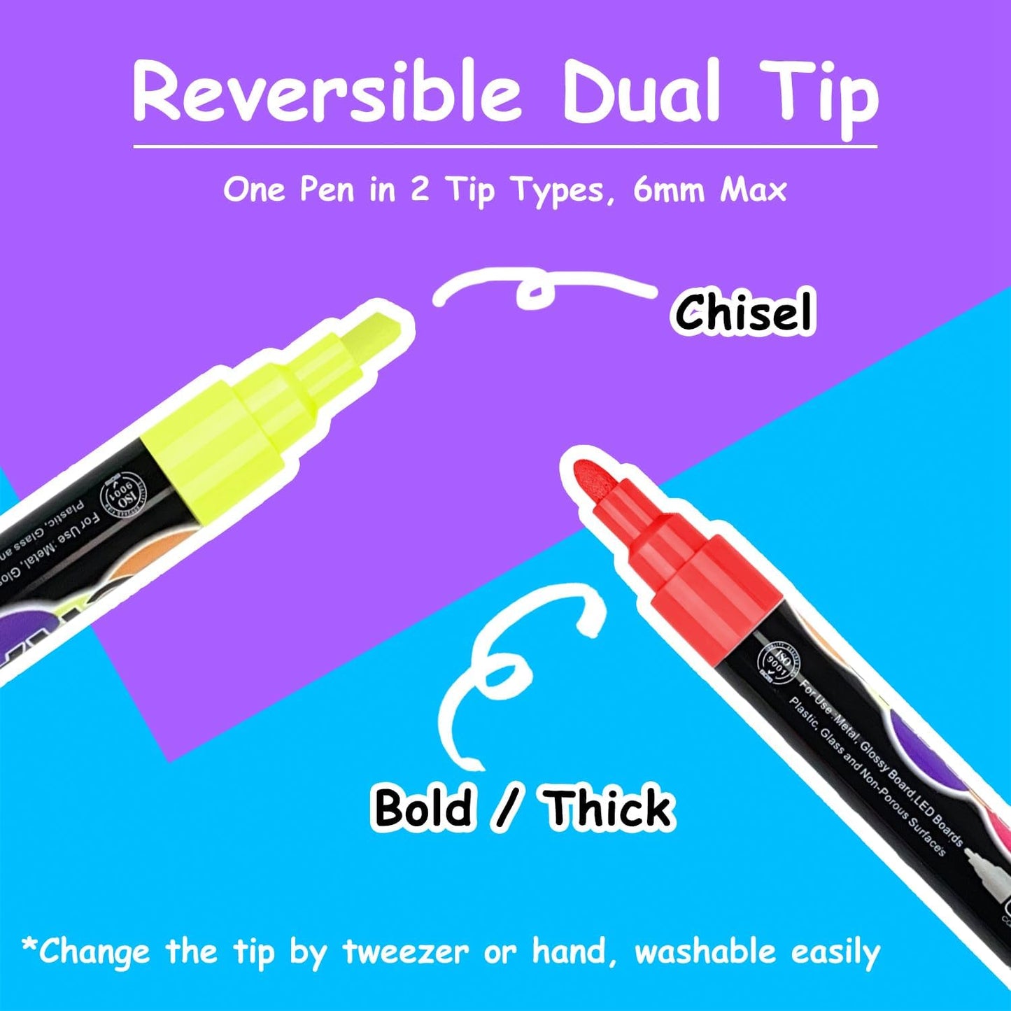 Liquid Chalk Markers Set (8 Pack), 6mm Reversible Thick & Chisel Tip, Wet Erase Paint Pens for Non Porous Blackboard Chalkboard, Car Glass Windows, School Business Supplies (8 Neon Color)