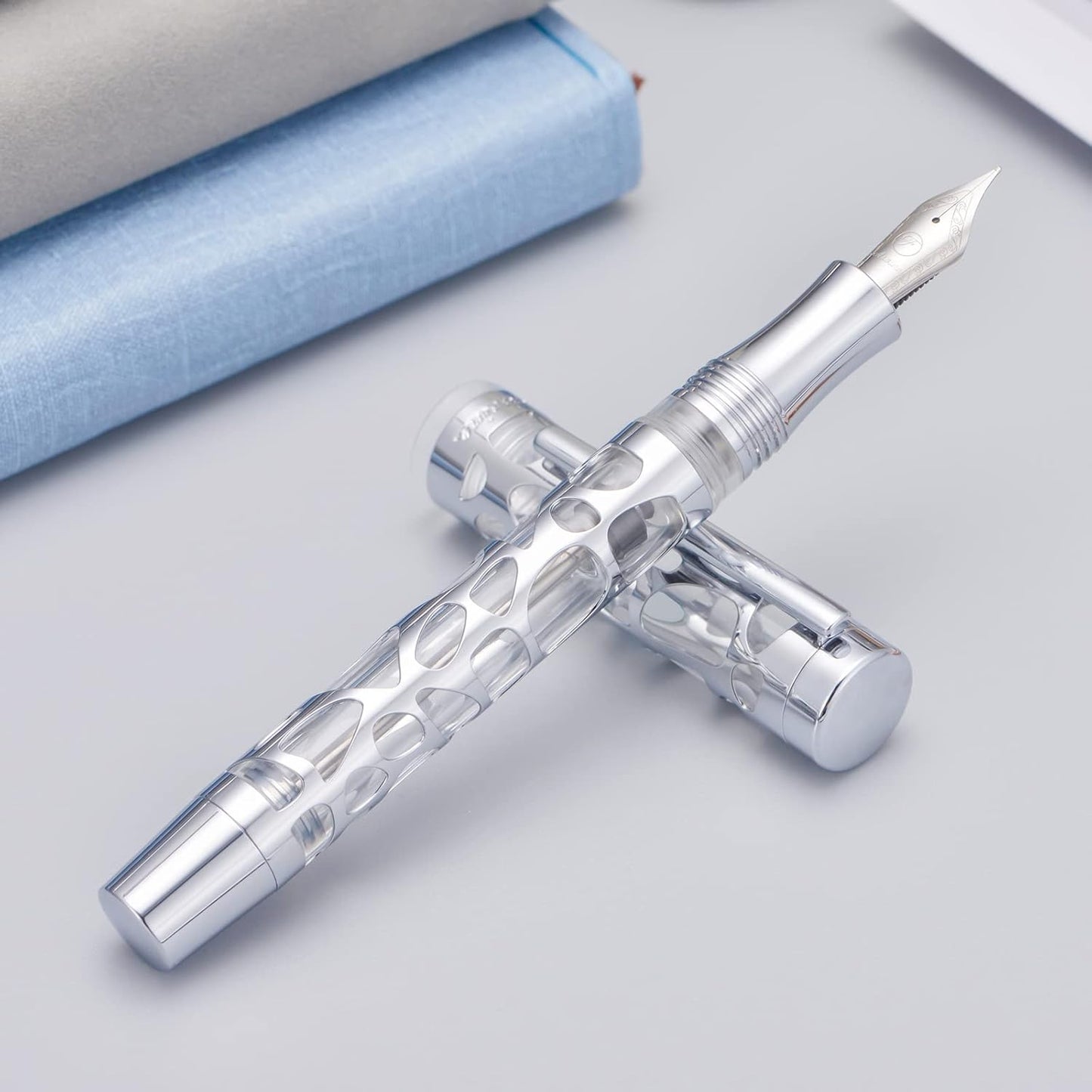 Asvine V169 Vacuum Filling Fountain Pen Fine Nib, Water Drop Skeleton Transparent Acrylic Pen Case Set