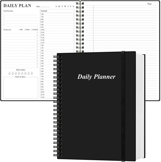 Daily Planner Undated - A4 To Do List Notebook Hourly Schedules, Spiral Appointment Planner for Women and Men,PVC Hardcover, Inner Pocket, Elastic Closure, 8.5" x 11", Black