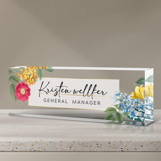 Desk Name Plate Personalized, Premium Plum Blossom Hyacinth Acrylic Desk Name Plate, Personalized Name Plate for Desk, Office Decor for Women or Men Coworkers, Boss, Employee, Teacher
