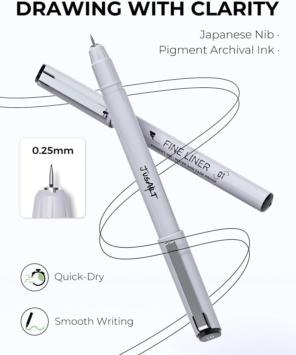 JusArt Fineliner Pens, 6 Pcs, 0.25mm Fine Point, No Bleeding, Waterproof Black Pigment Ink Pens for Artists Beginners, Illustration, Writing, Journaling, Crafters, Technical Drawing pens