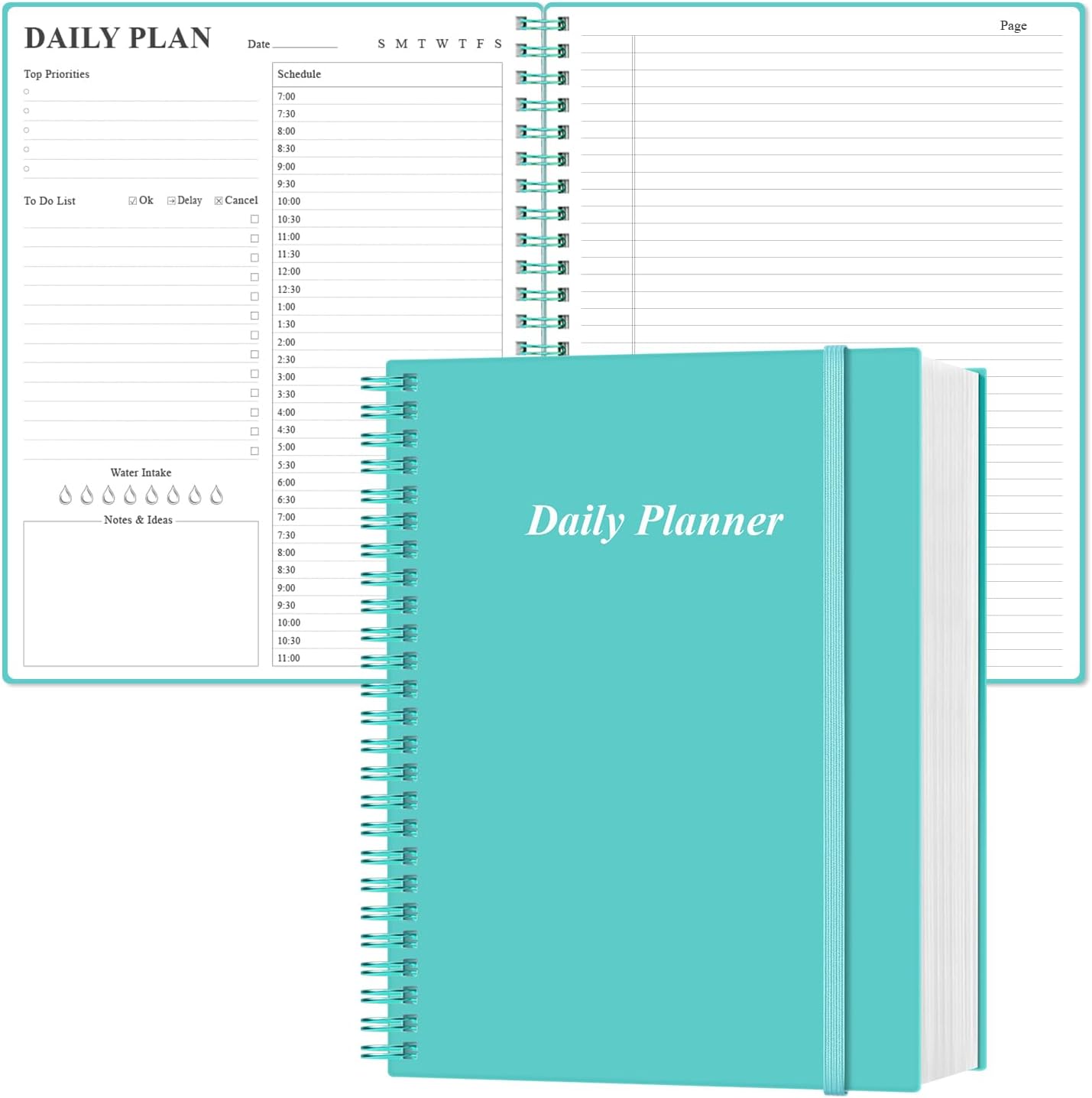 Daily Planner Undated - A4 To Do List Notebook Hourly Schedules, Spiral Appointment Planner for Women and Men,PVC Hardcover, Inner Pocket, Elastic Closure, 8.5" x 11", Teal