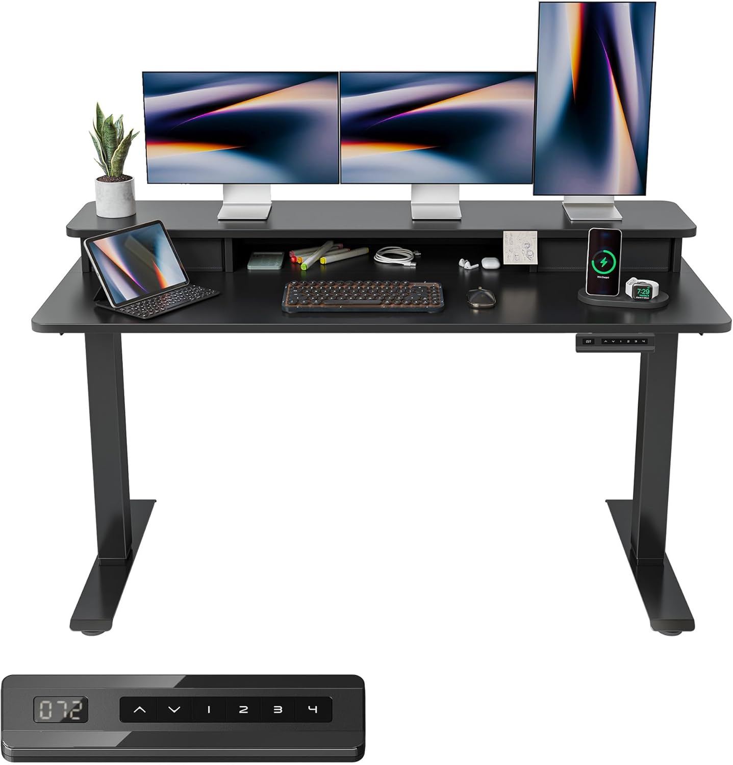 FEZIBO 63 x 28 Inch Deeper Height Adjustable Electric Standing Desk with Double Drawers, Sit Stand Up, Home Office Computer Desk with 4 Height-Adjustable Feets & 2 Hooks, Black Frame/Black Top