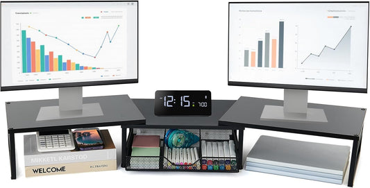 Dual Monitor Stand Riser, Desk Organizer with Drawer, Office Desk Organizers and Accessories, Office Workspace Organization, Computer Monitor Stand for Laptop, Printer (Black)