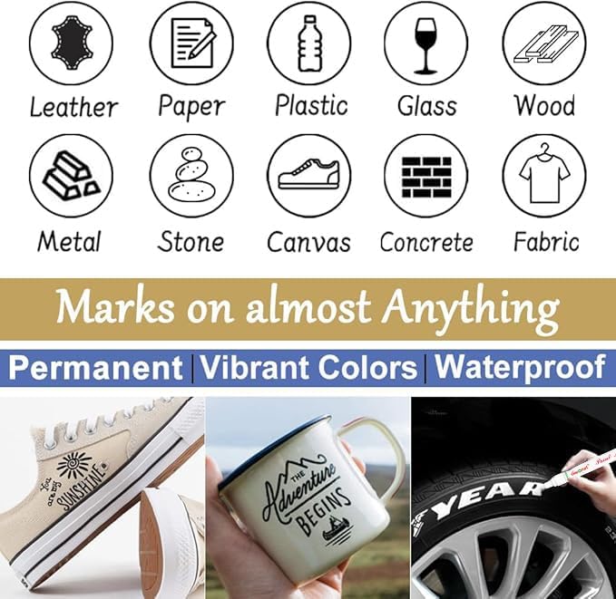 Paint Pens, Paint Markers - 6 Pack White and Black Oil Based Waterproof Permanent Markers for Tire, Rubber,Wood, Rocks, Metal, Canvas,Plastic, Dark Surface,Craft office Supplies,Medium Point
