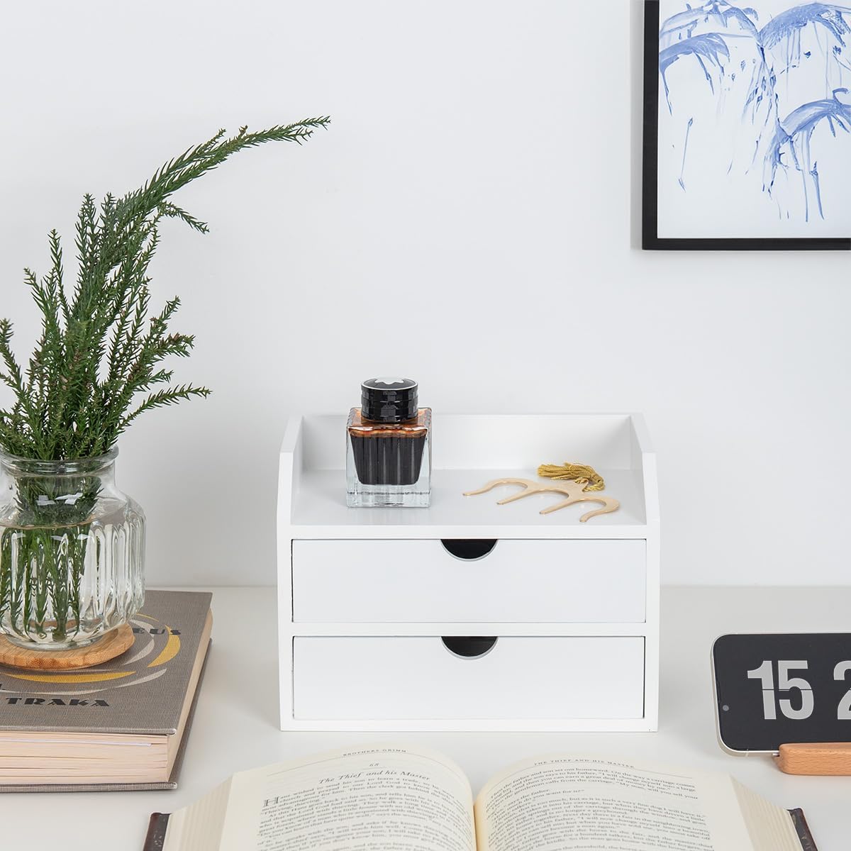 ROSE BLOOM White Wood Desk Organizer with 2 Drawer, Mini Cute Cabinet with Storage Shelf for Tabletop, Small Desktop Box Organizer for Cosmetic Office Supplies