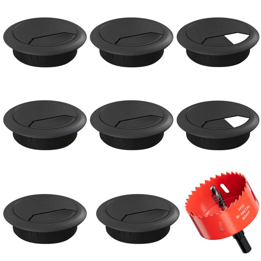 Desk Grommet 3-1/8 inch (80mm) - 8 Pack Black Cable Grommet & Desk Hole Cover with Hole Saw for Cables, Cord Management for Office, TV, and Home Table