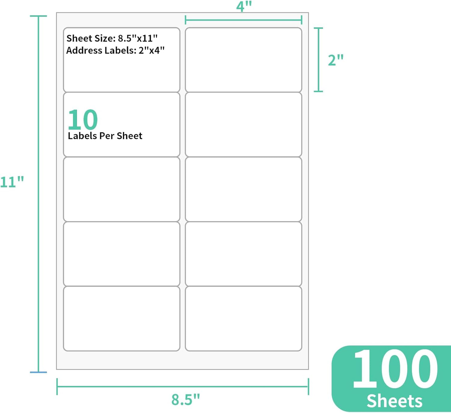 100 Sheets 10 up Labels Mailing Blank Labels, 2" x 4" Sticker Printer Paper for Laser/Inkjet Printer, Self Adhesive Customized Stickers