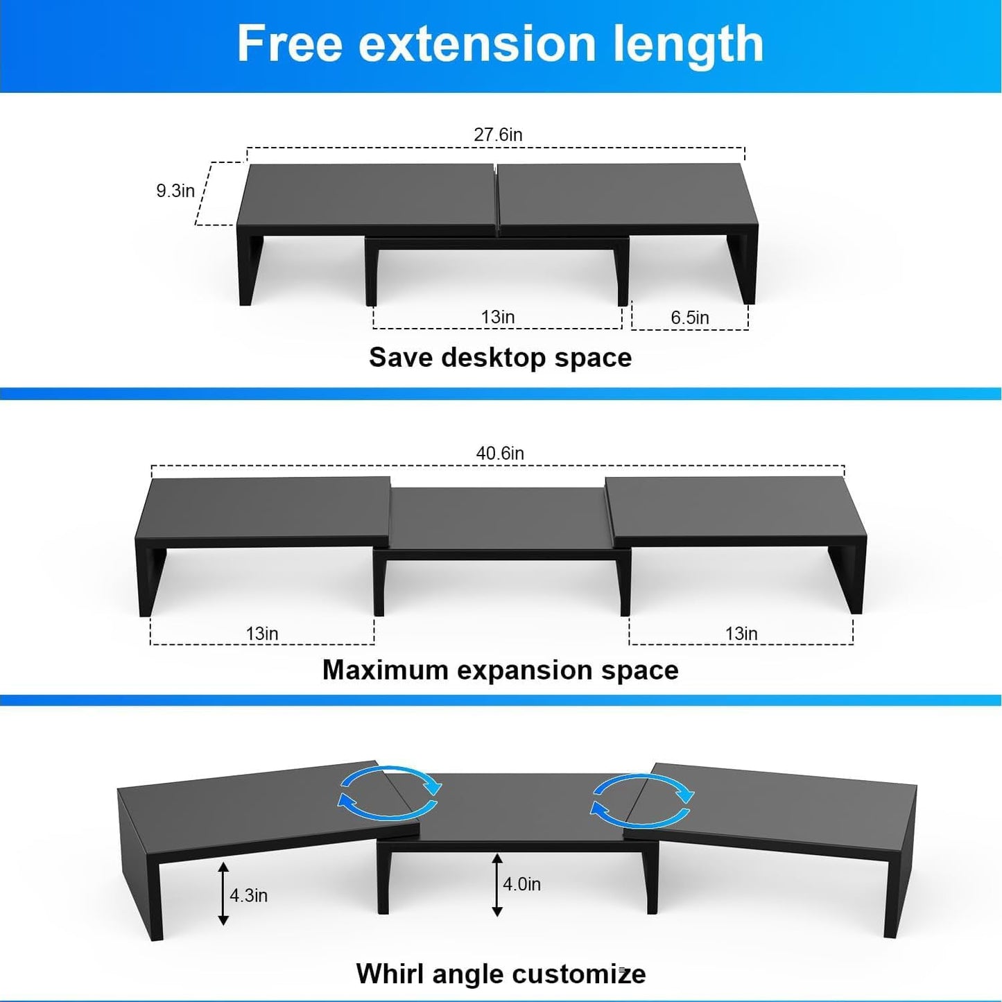 Dual Monitor Stand for Desk, Metal Computer Stand, Desk Shelf Riser,Desktop Organizer for Home and Office Use (Black)