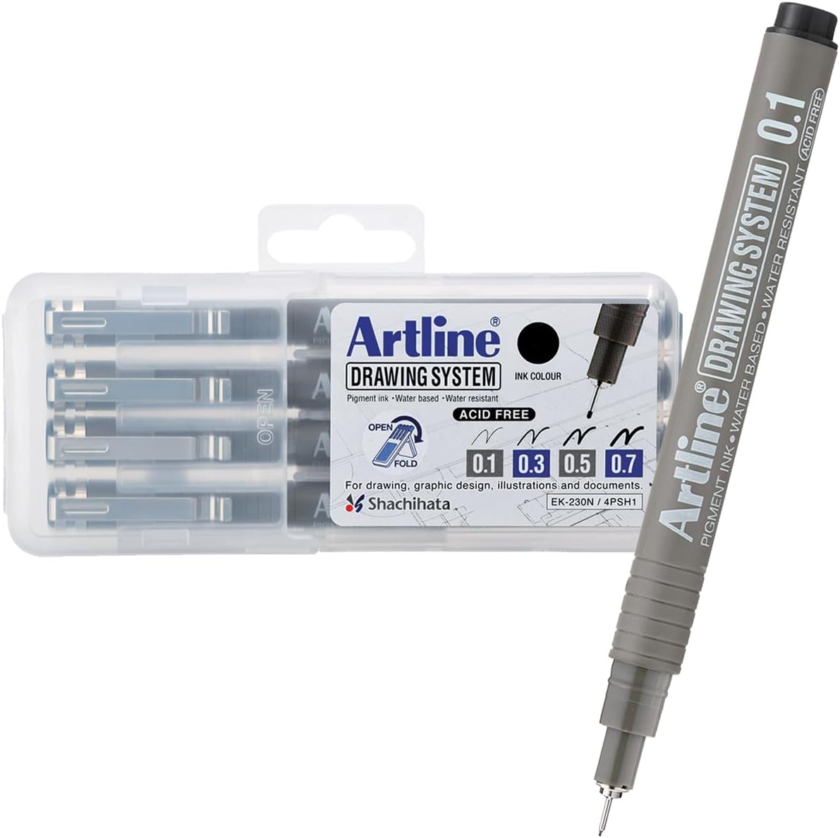 Artline 230 Drawing System Pens, Technical Drawing Pens For Drafting, Illustrating, and More, 0.1mm, 0.3mm, 0.5mm, and 0.7mm Fine Tips - Black, 4-Pack