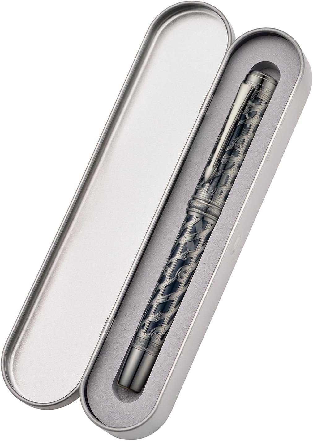 Hongdian A6 Piston Fountain Pen Extra Fine Soft Nib, Jet Black Hollow Skeleton & Resin Pen with Metal Case Set