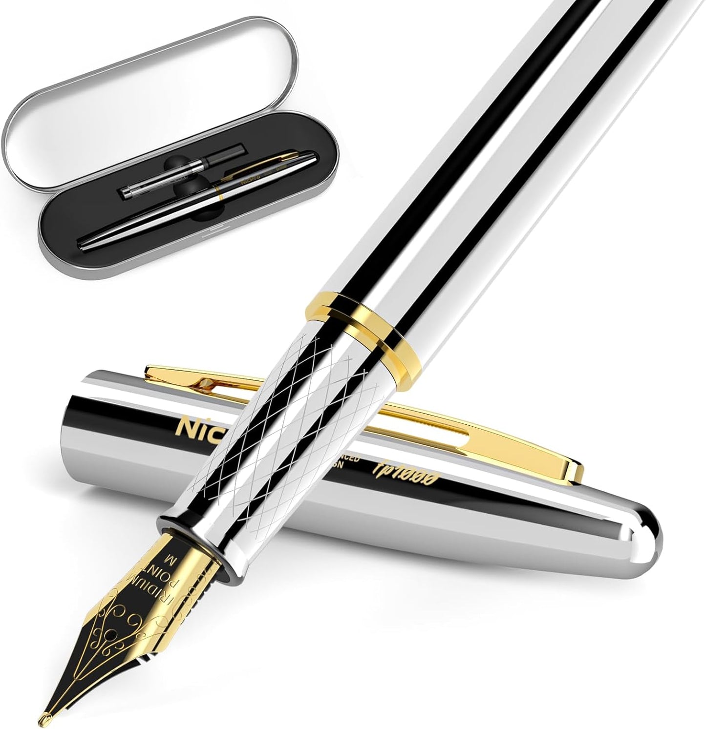 Nicpro Fountain Pen Set with Box, Classic Silver-Gold Fancy Pen with Converter, 0.7mm Medium Nib Smooth Writing Calligraphy, Office, Business, Luxury Gift Pen