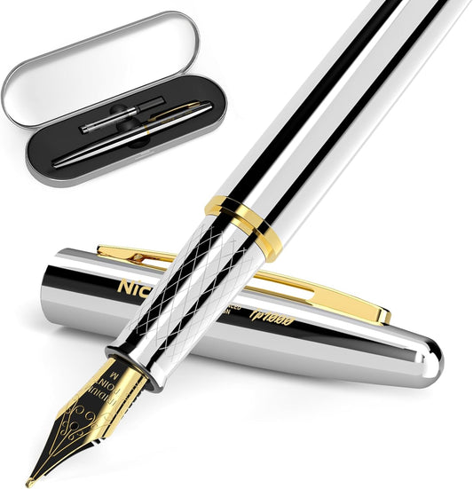 Nicpro Fountain Pen Set with Box, Classic Silver-Gold Fancy Pen with Converter, 0.7mm Medium Nib Smooth Writing Calligraphy, Office, Business, Luxury Gift Pen