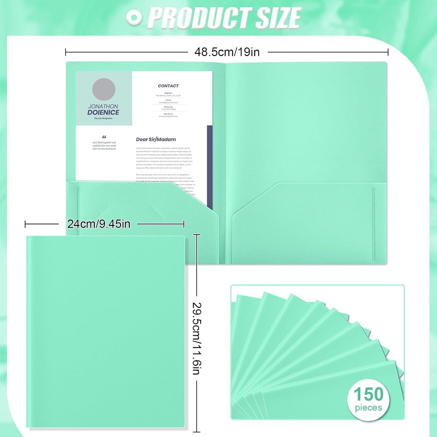 Gueevin 150 Pcs Plastic Folders with Pockets, Two Pocket Folder Fit 8.5 x 11 Inch Letter Size Paper, Heavy Duty School Folders Business Card Holder for Home Office School Bussiness (Light Green)