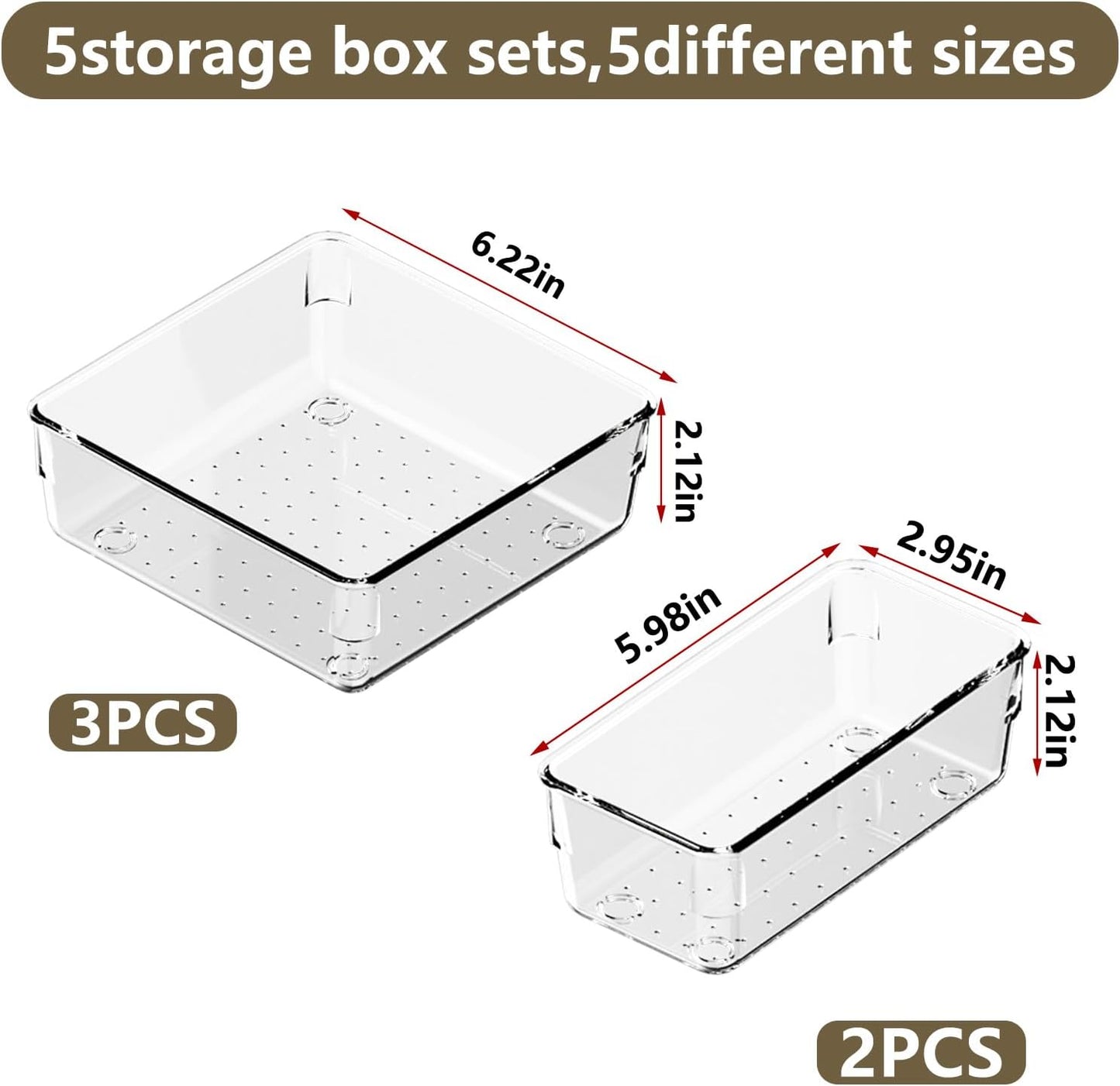 5 PCS Clear Plastic Drawer Organizer Set, 2 Sizes Acrylic Drawer Storage Trays Non Slip Storage Bins for Makeup, Jewelry, Gadgets for Kitchen, Bedroom, Bathroom, Office