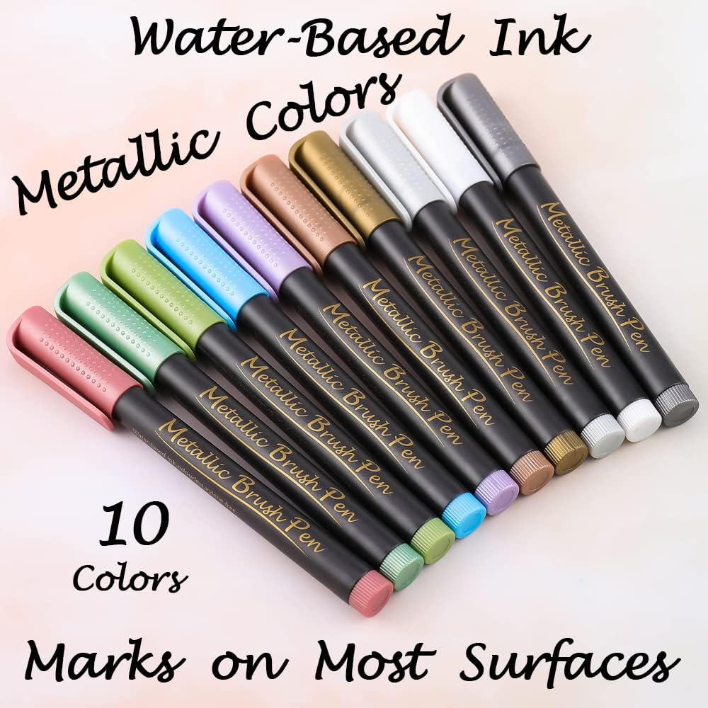 Dyvicl Metallic Brush Marker Pens - Metallic Pens Art Markers for Calligraphy, Brush Lettering, Black Paper, Rock Painting, Card Making, Scrapbooking, Fabric, Metal, Ceramic, Wine Glass, Set of 10