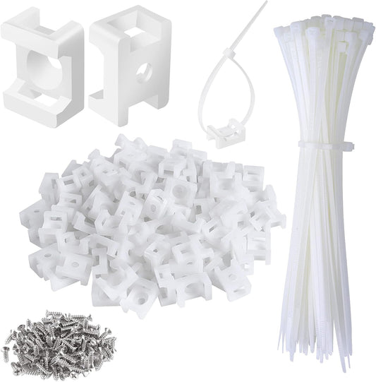 100 Pcs Cable Zip Tie Saddle Type Mounts Base with 8" Cable Ties Tapping Screw, Wire Cable Clips Organizer Holders Clamps White