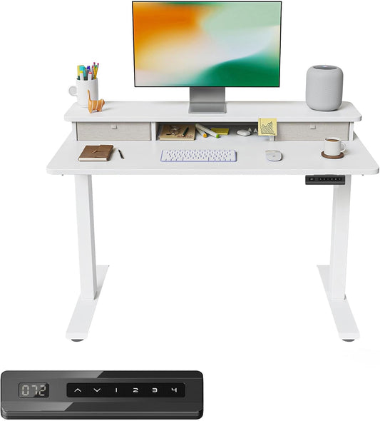 FEZIBO 40 x 24 Inch Height Adjustable Electric Standing Desk with Double Drawer, Computer Desk, Home Office Stand Up Table with 4 Height-Adjustable Feets & 2 Hooks, White