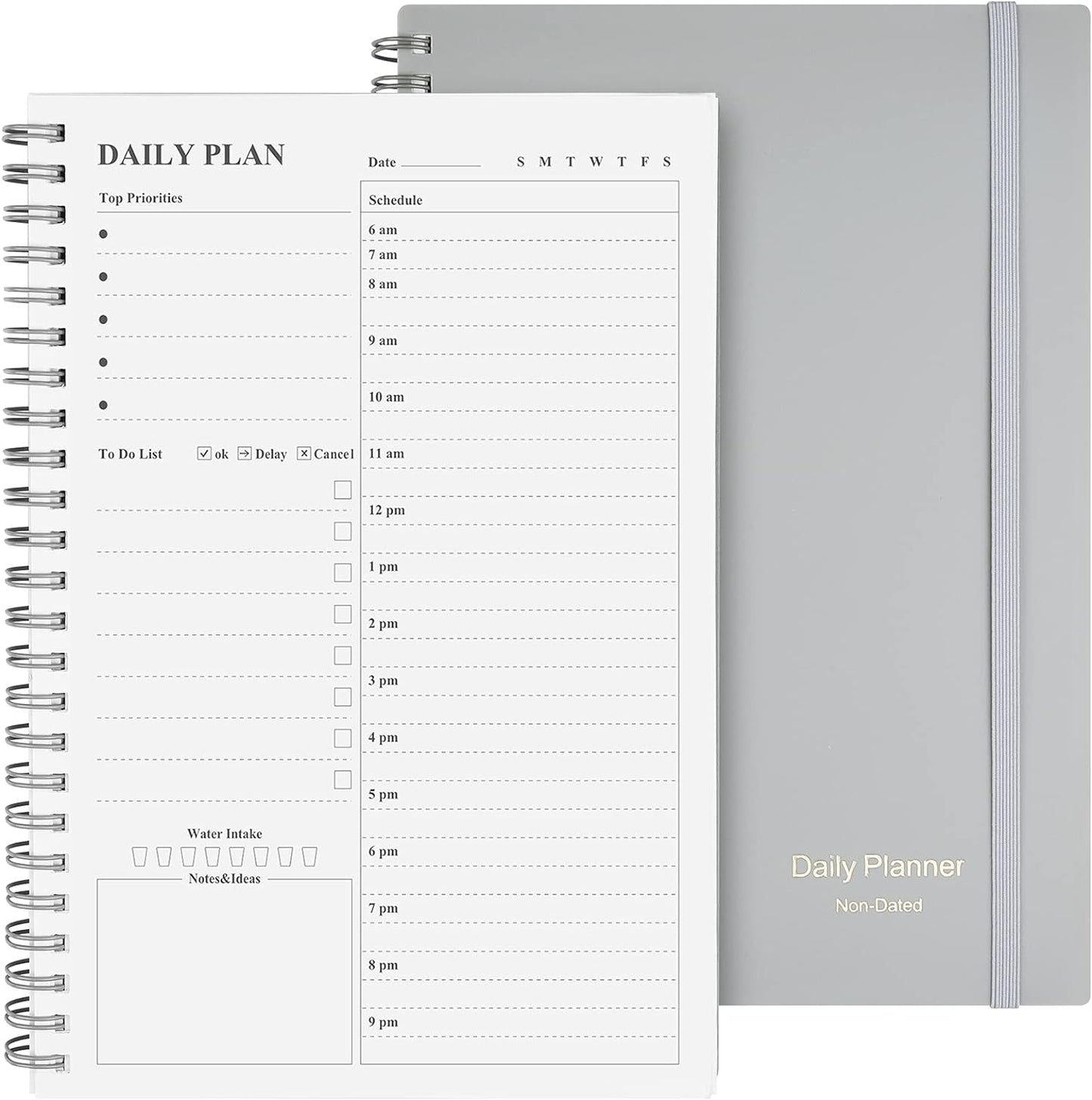 Daily Planner Undated, Asten To Do List Notebook Hourly Schedules Spiral Appointment Planner for Men and Women,PVC Hardcover,Elastic Closure, Inner Pocket 8.3" x 5.8" (Gray)