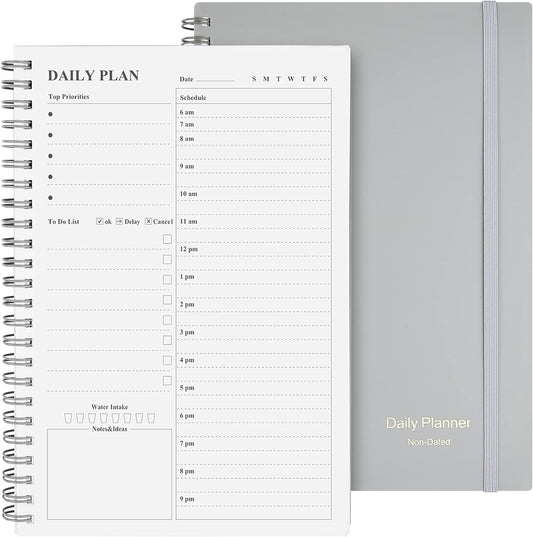 Daily Planner Undated, Asten To Do List Notebook Hourly Schedules Spiral Appointment Planner for Men and Women,PVC Hardcover,Elastic Closure, Inner Pocket 8.3" x 5.8" (Gray)
