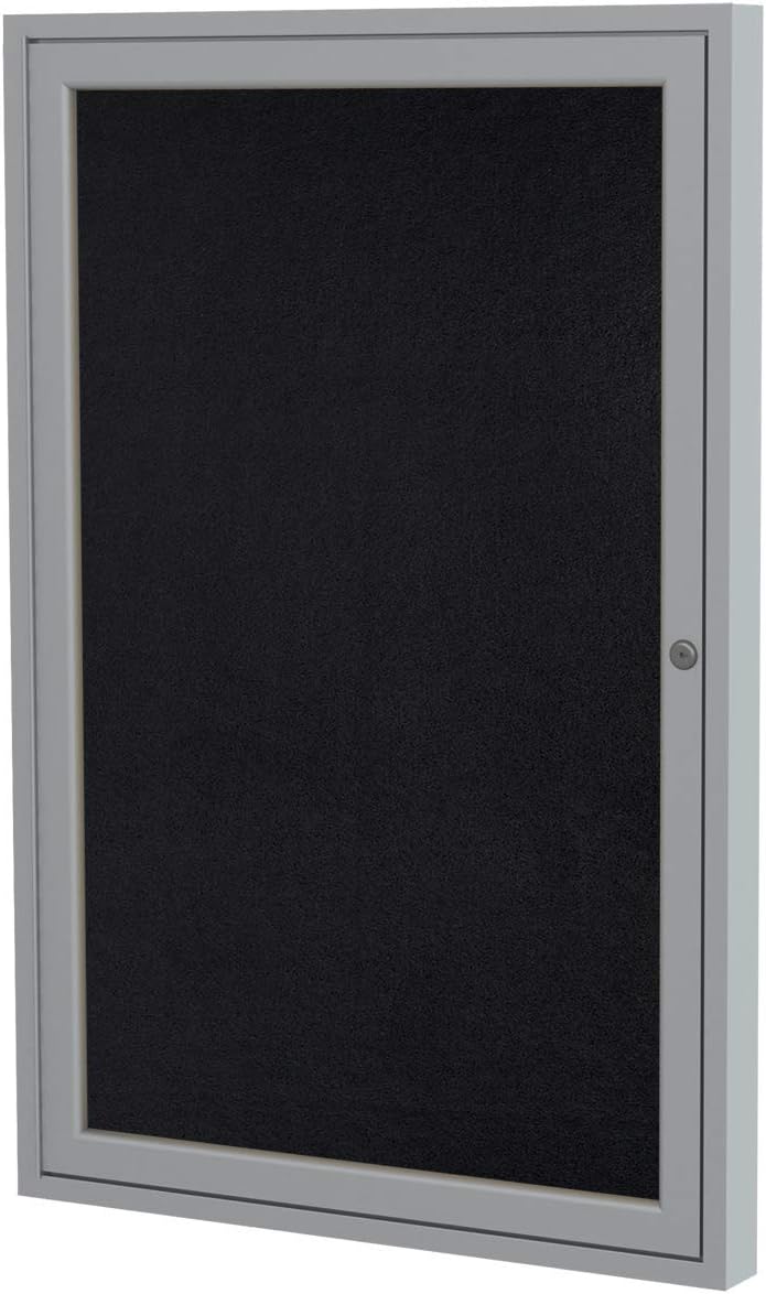 Ghent 36"x24" 1-Door indoor Enclosed Recycled Rubber Bulletin Board, Shatter Resistant, with Lock, Satin Aluminum Frame,Black (PA132TR-BK),Made in the USA