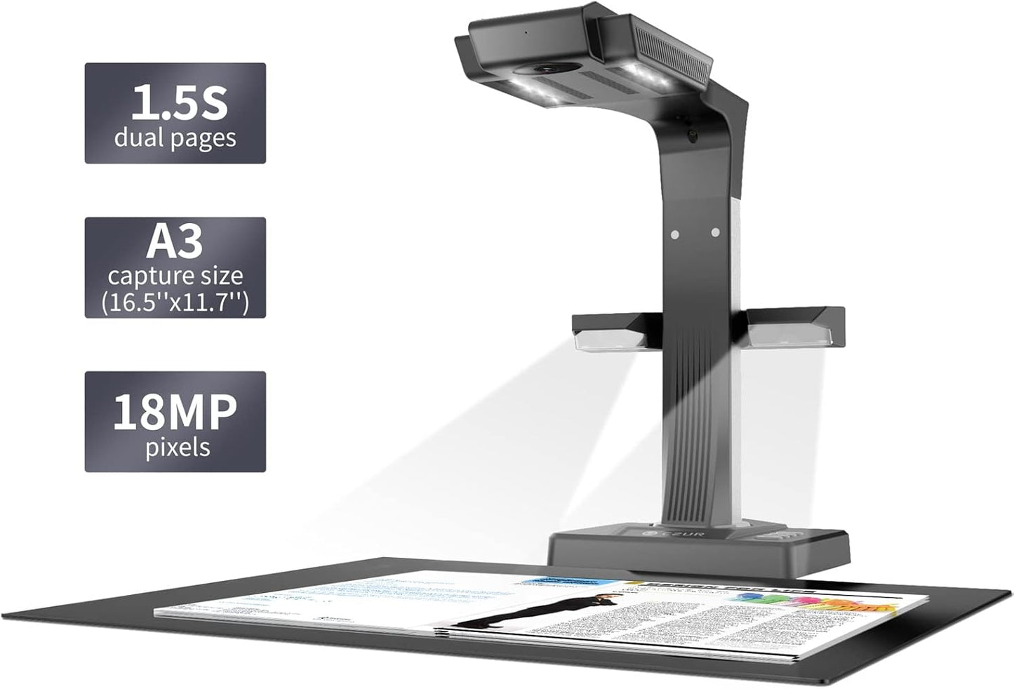 CZUR ET18 Pro Professional Document Scanner, 2nd Gen Auto-Flatten & Deskew Tech, 18MP HD Camera, Capture A3, 186 Languages OCR, Convert to PDF/Searchable PDF/Word/Tiff/Excel, Run On Windows & MacOS