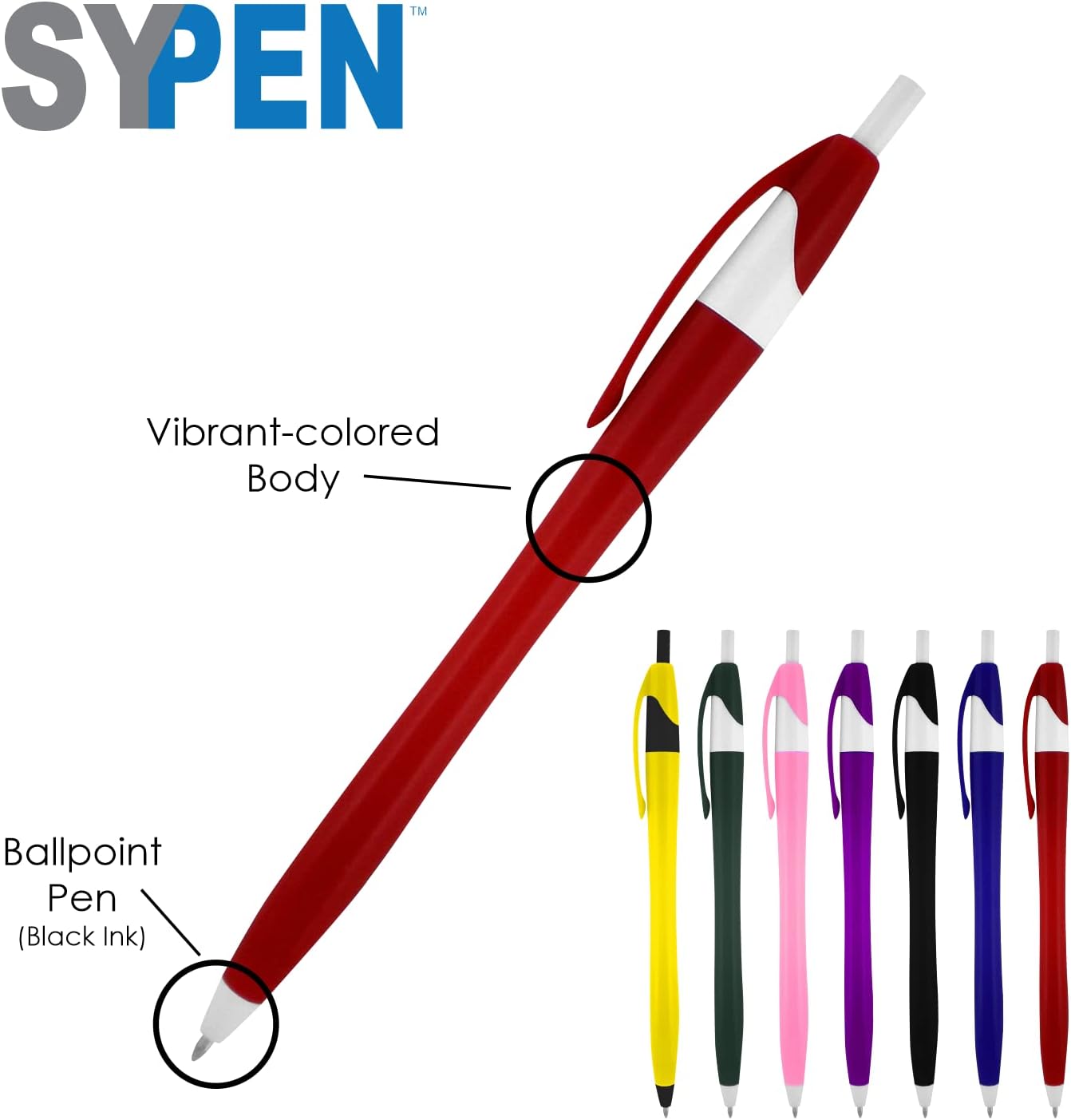 SyPen Personalized Pens With your Custom Logo or Text-500 Pack Bulk-for Businesses, Parties, and Events, Custom Printed Slim Ballpoint Click Pens, Purple Barrel Color, Black Ink