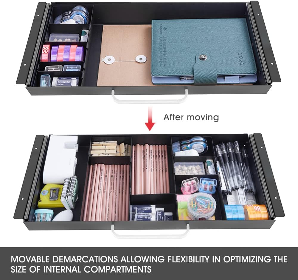GOME Large Size Under Desk Slide out Pencil Drawer with Adjustable Space Divider Design for Storing Pencil and Office Accessories, Underdesk Pull out Tray Organizer Mounted for Sit Stand Workstation