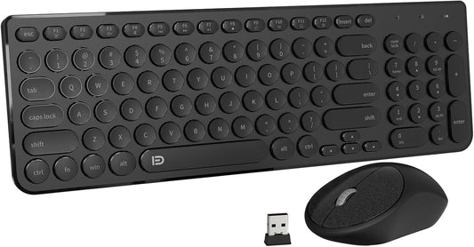 FD Wireless Keyboard and Mouse Combo - 2.4GHz USB Cordless, Cute Round Keys, Quiet and Slim Set for Laptop, Computer, TV, and Mac - Black