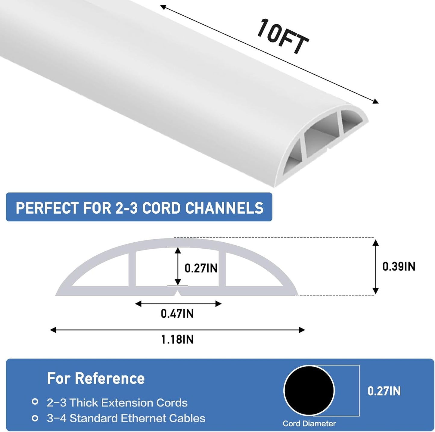 Floor Cord Cover Self Adhesive Cord Hider Floor Extension Cord Covers for Floor Power Cord Protector Cable Management Prevent Cable Trips Cable Cavity 0.47" W x 0.27" H (White, 10Ft)