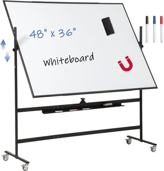 FORTUNO Magnetic Mobile Whiteboard 48"x36", Rolling Double Sided Dry Erase Board with Stand, Reversible Adjustable Height/Angle Easel White Board on Wheels 4' x 3' for Office Classroom Home, Black