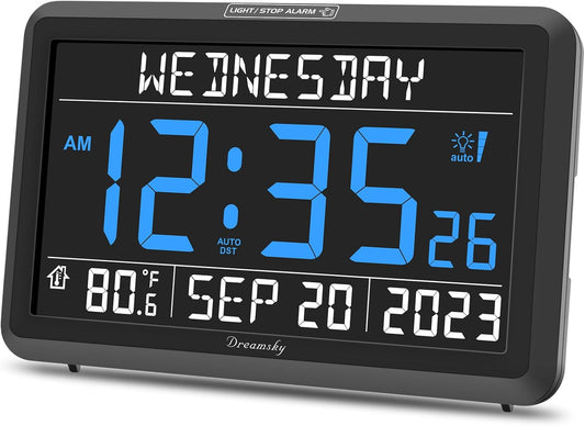 DreamSky Digital Clock with Date and Day of Week - Large Calendar Clock for Seniors Elderly, Loud Alarm Clock for Bedroom Desk, Backlight Dimmer, Adjustable Volume, USB Port, Auto DST, Battery Backup