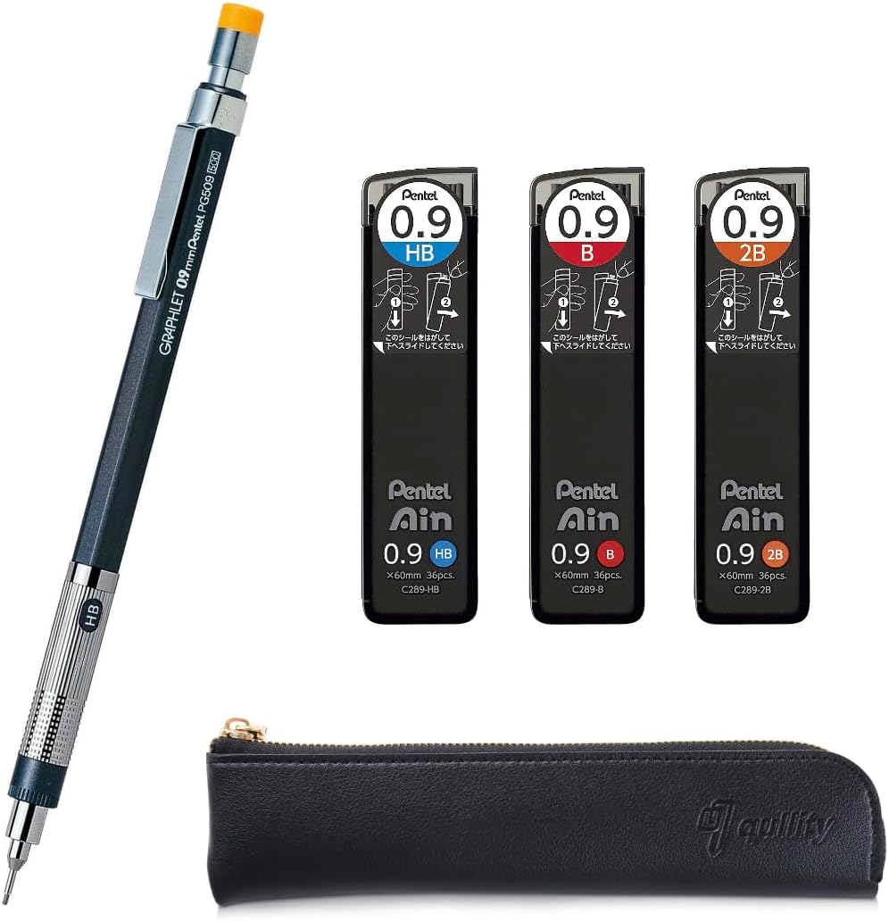 Graphlet Mechanical Drafting Pencil + Ain HB/B/2B leads, original Black slim pen case (0.9mm)