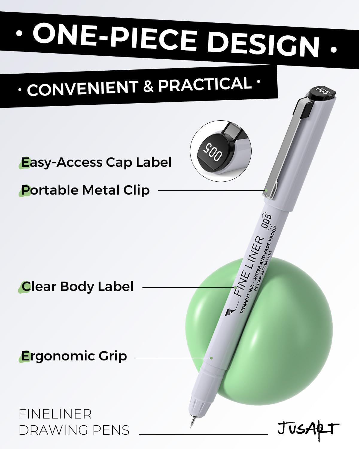 JusArt Fineliner Pens, Ultra Fine, Fine, Brush & Chisel, 12 Size, Waterproof Black Pigment Pen for Artists, Crafters, Illustration, Sketching, Writing, Journaling, Bible Note, Technical Drawing pens