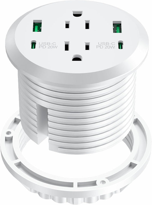 Desktop Power Grommet,40W Fast Charging Station,2 AC Outlets,4 USB Ports,Flush Mount Power Grommet 3-inch Hole,2 PD 20W USB C Ports